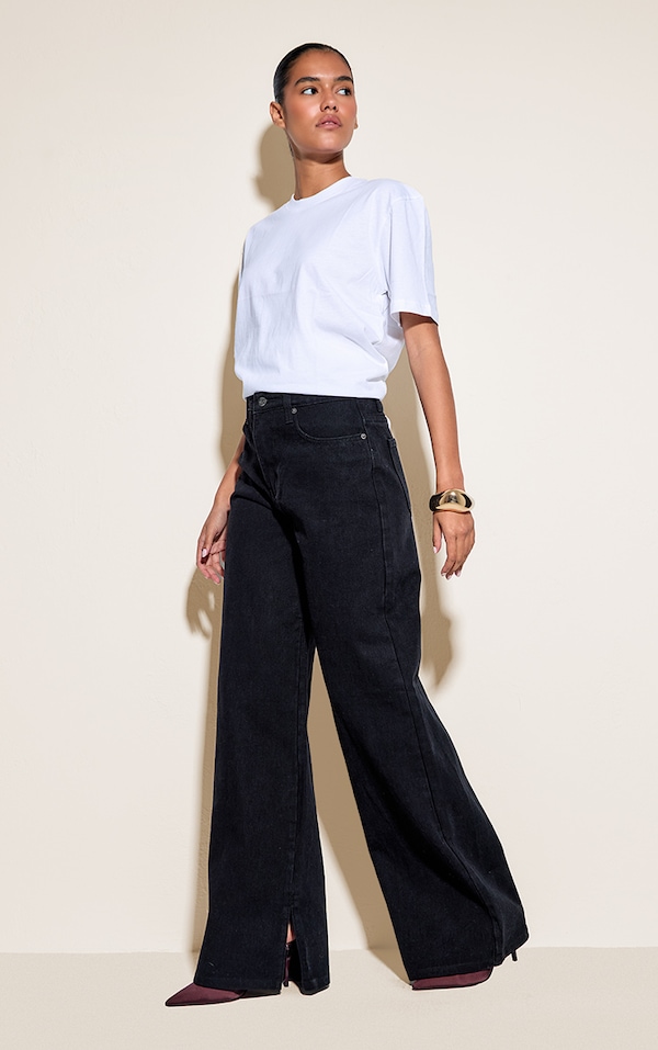Jean large noir délavé à taille mi-haute