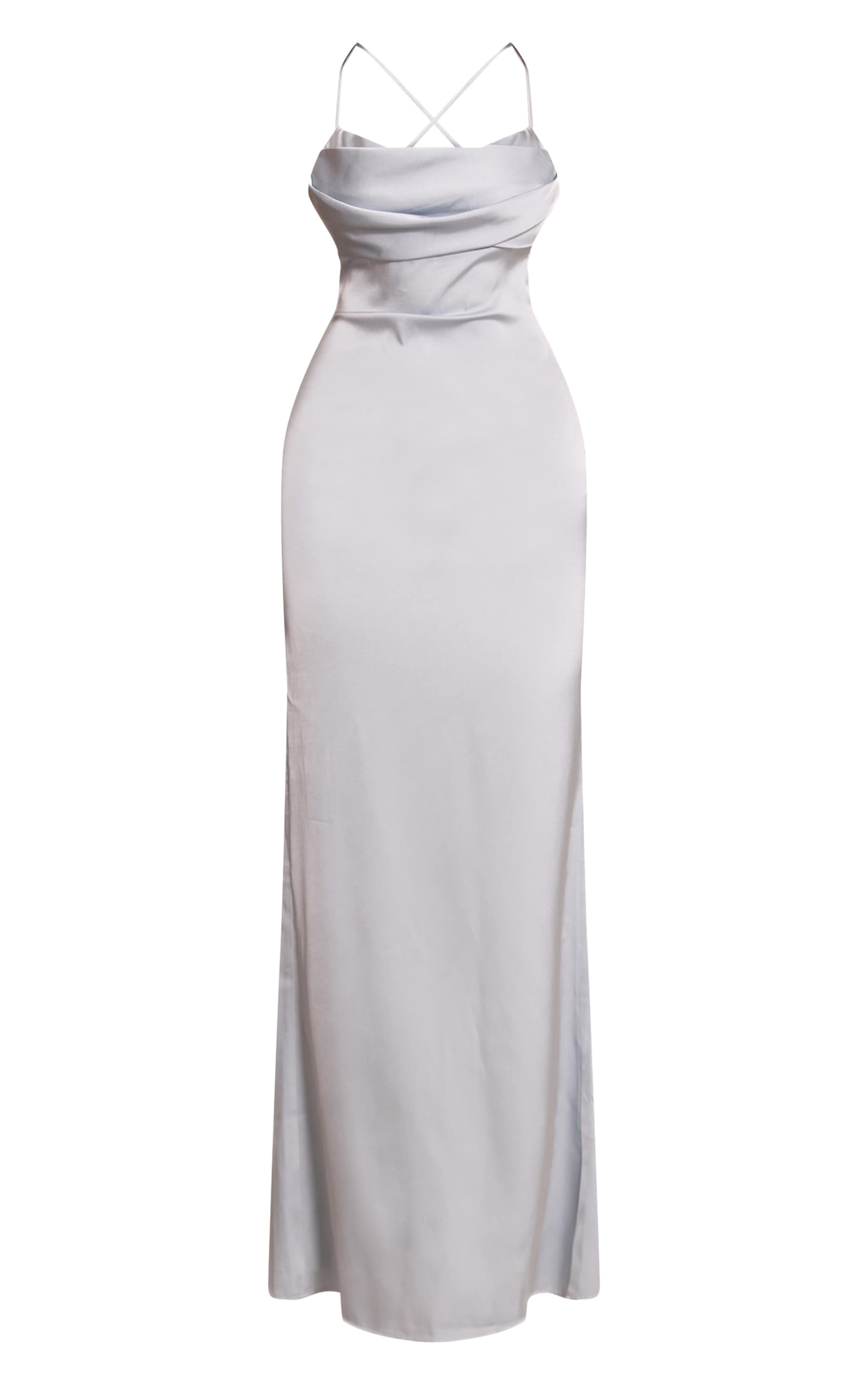 Robe longue satinée argentée à bretelles fines et buste drapé image 5