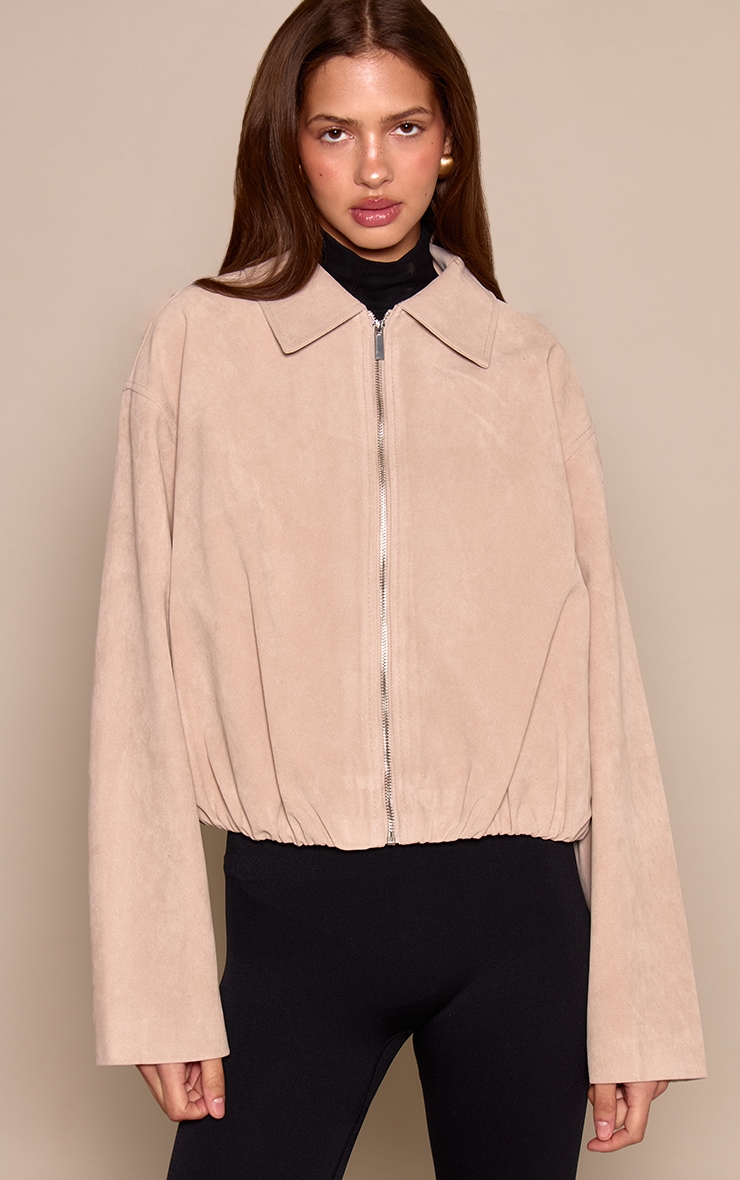 Bone Gathered Hem Zip Up Suede Jacket