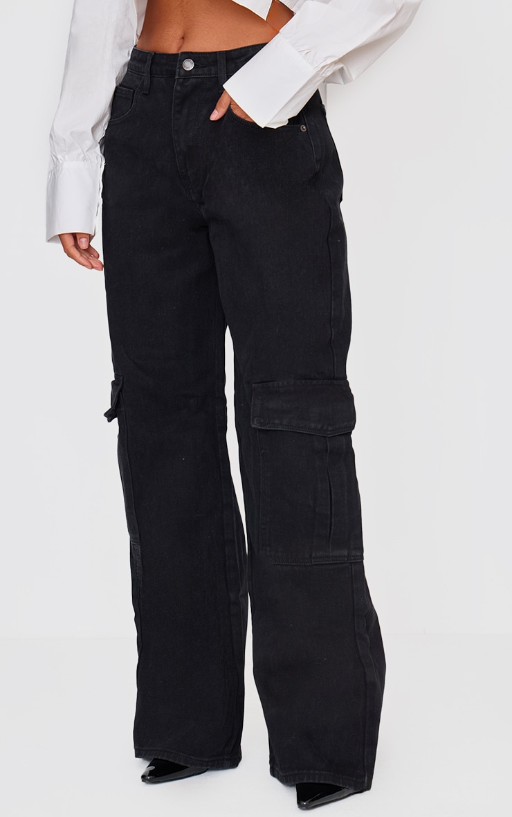 Washed Black Cargo Side Pocket Wide Leg Jeans image 2