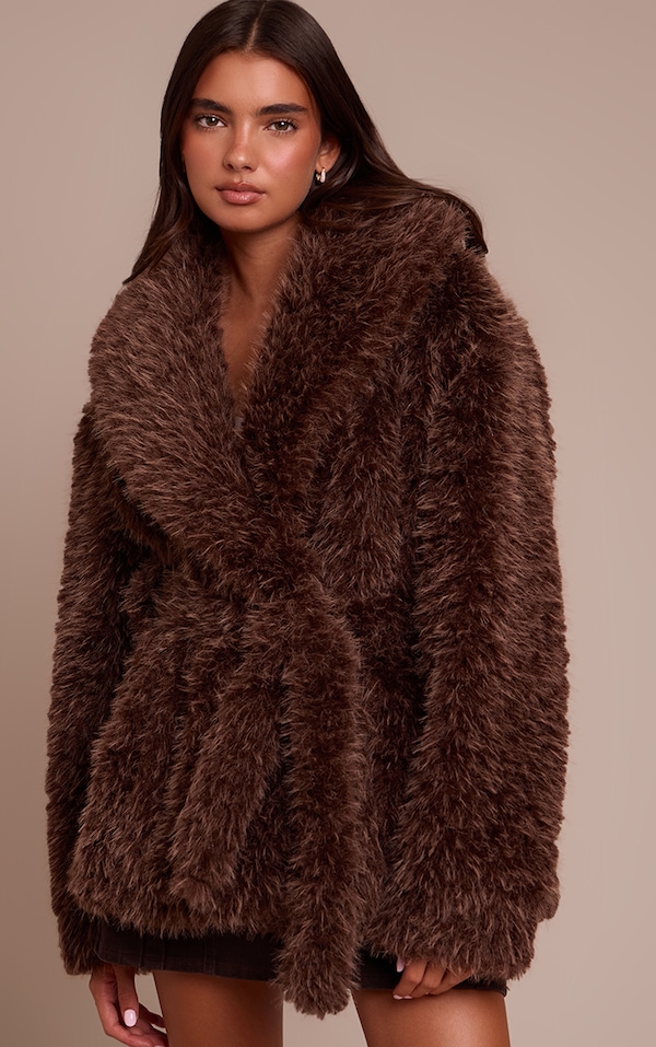 Brown Oversized Collar Faux Fur Coat