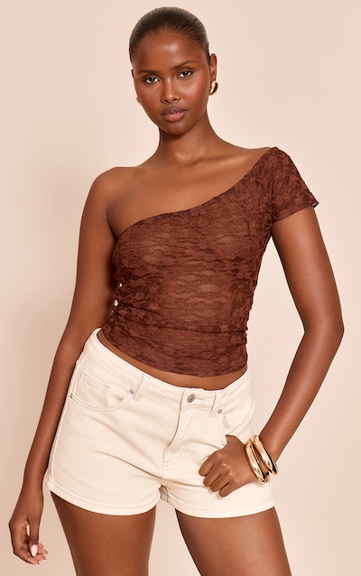 Chocolate Textured Lace Asymmetric Neck Long Top