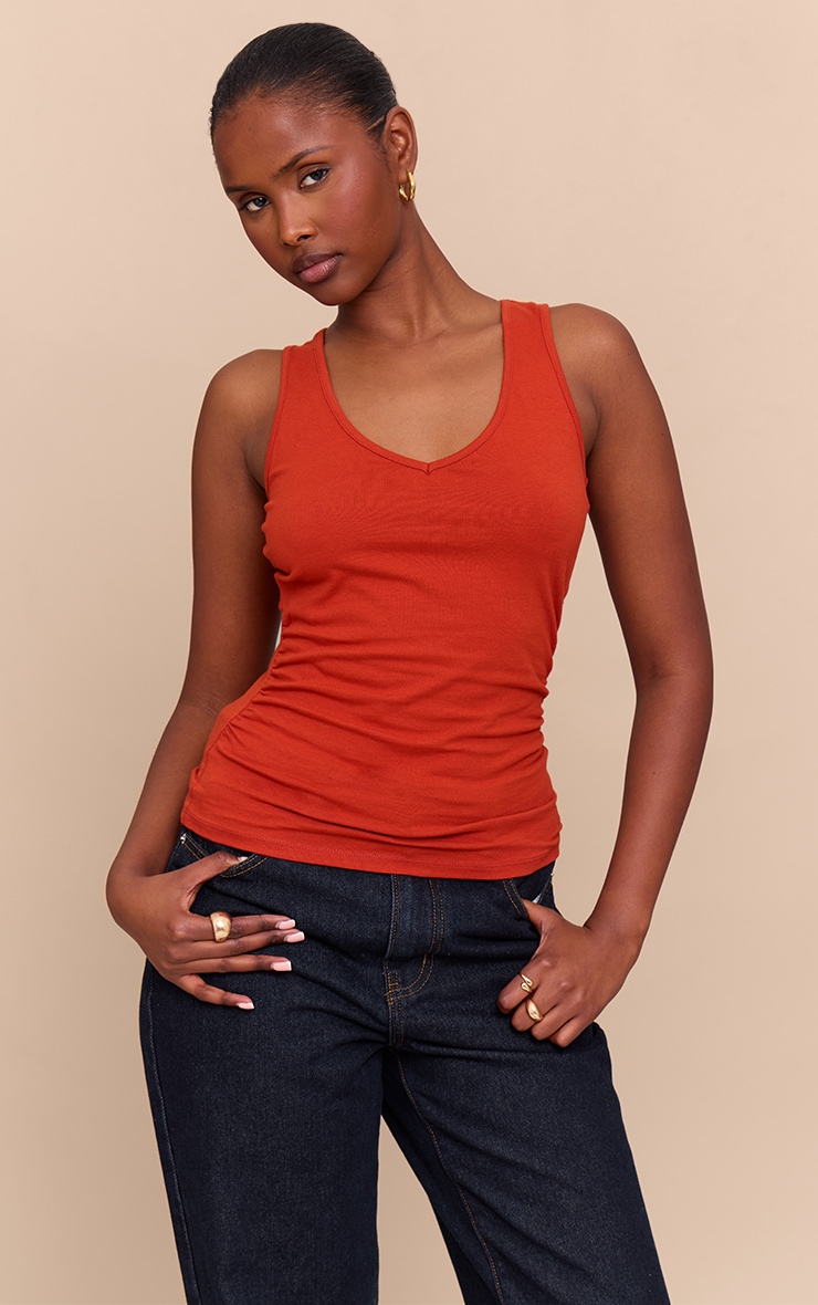 Rust Soft Cotton V Neck Vest Top image 1