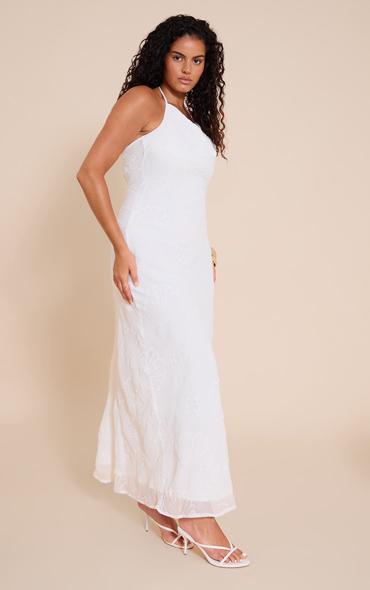 Plus White Chiffon Shell Embroidered Cowl Maxi Dress image 3