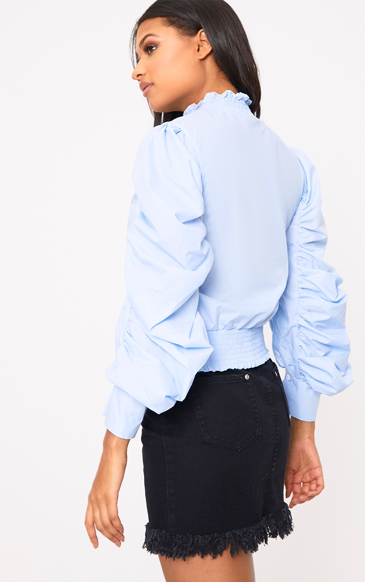 Blue Ruched Oversized Sleeve Shirt Tops PrettyLittleThing