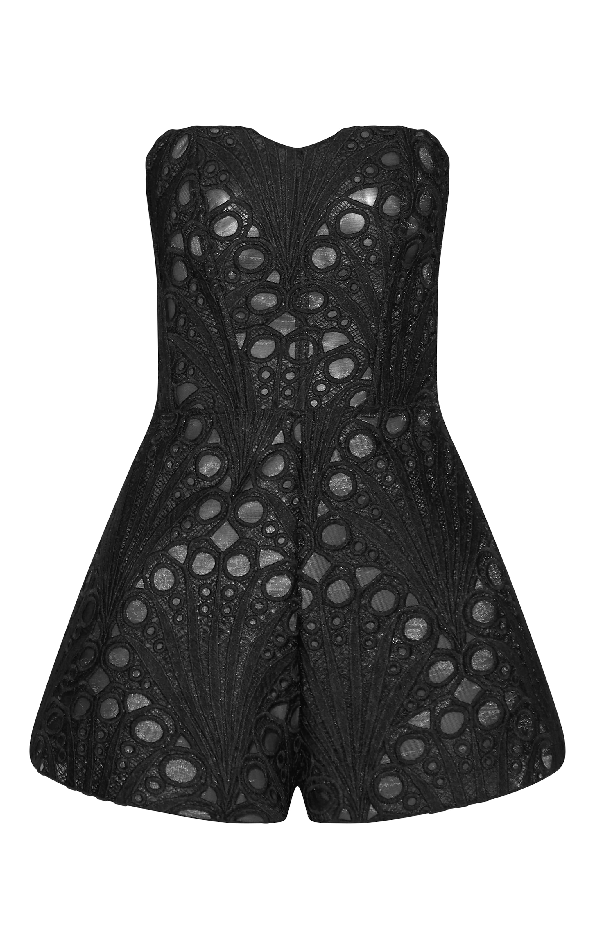 Black Textured Sheer Floral Corset Romper image 5