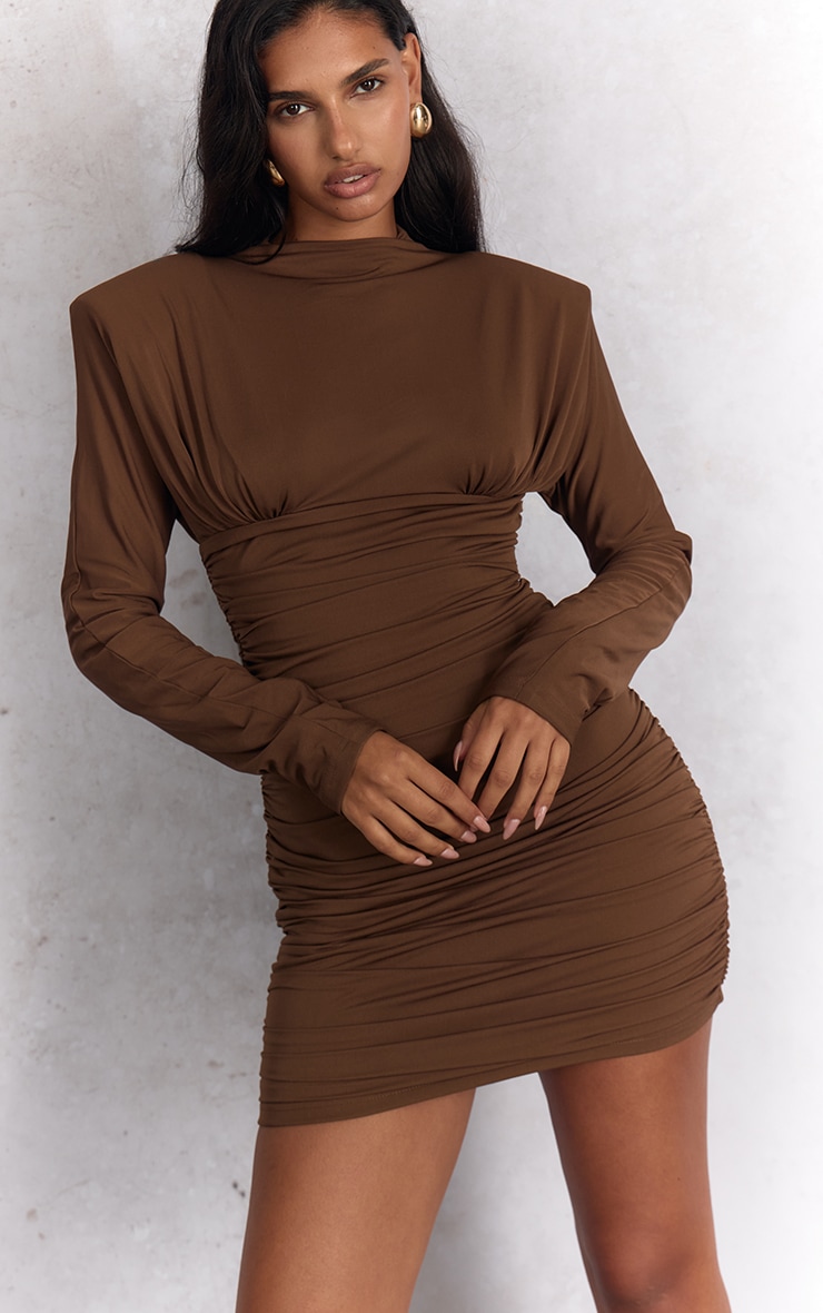 Chocolate Brown Ruched Long Sleeve Bodycon Dress image 4