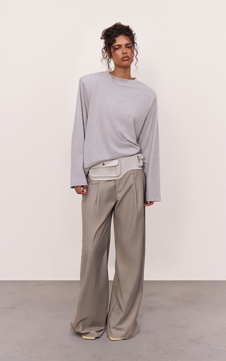 Grey Woven Double Pleat Wide Leg Trousers