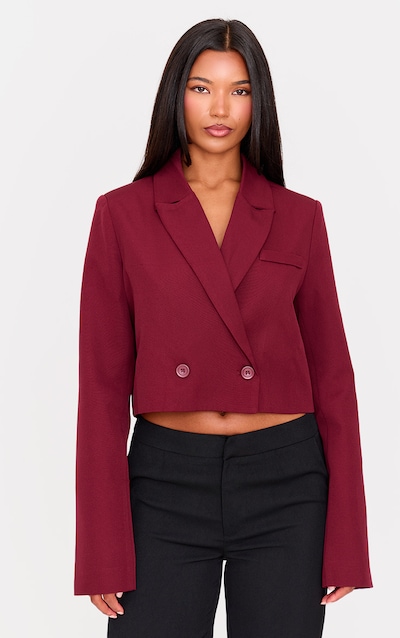 Burgundy Woven Cropped Shoulder Padded Blazer