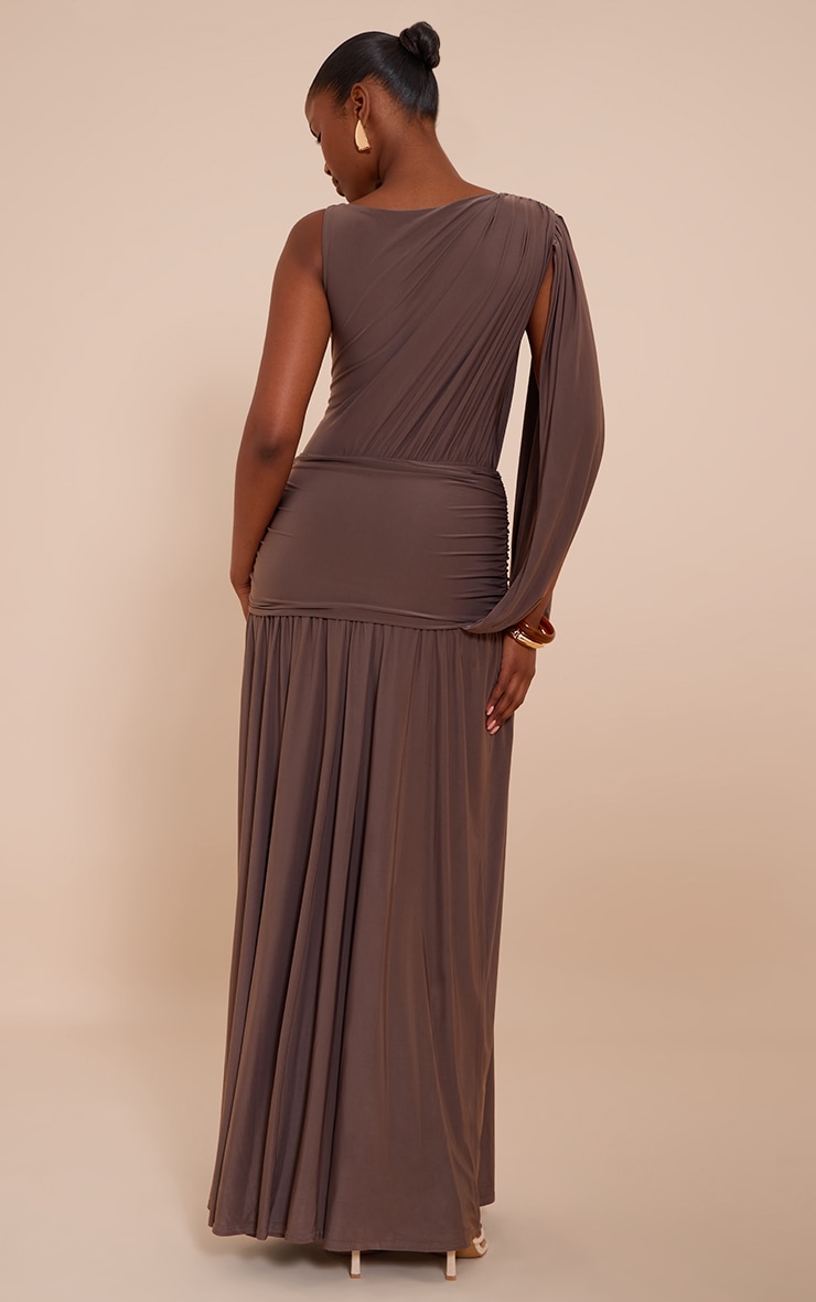 Mushroom Double Layer Slinky Ruched One Shoulder Maxi Dress image 2