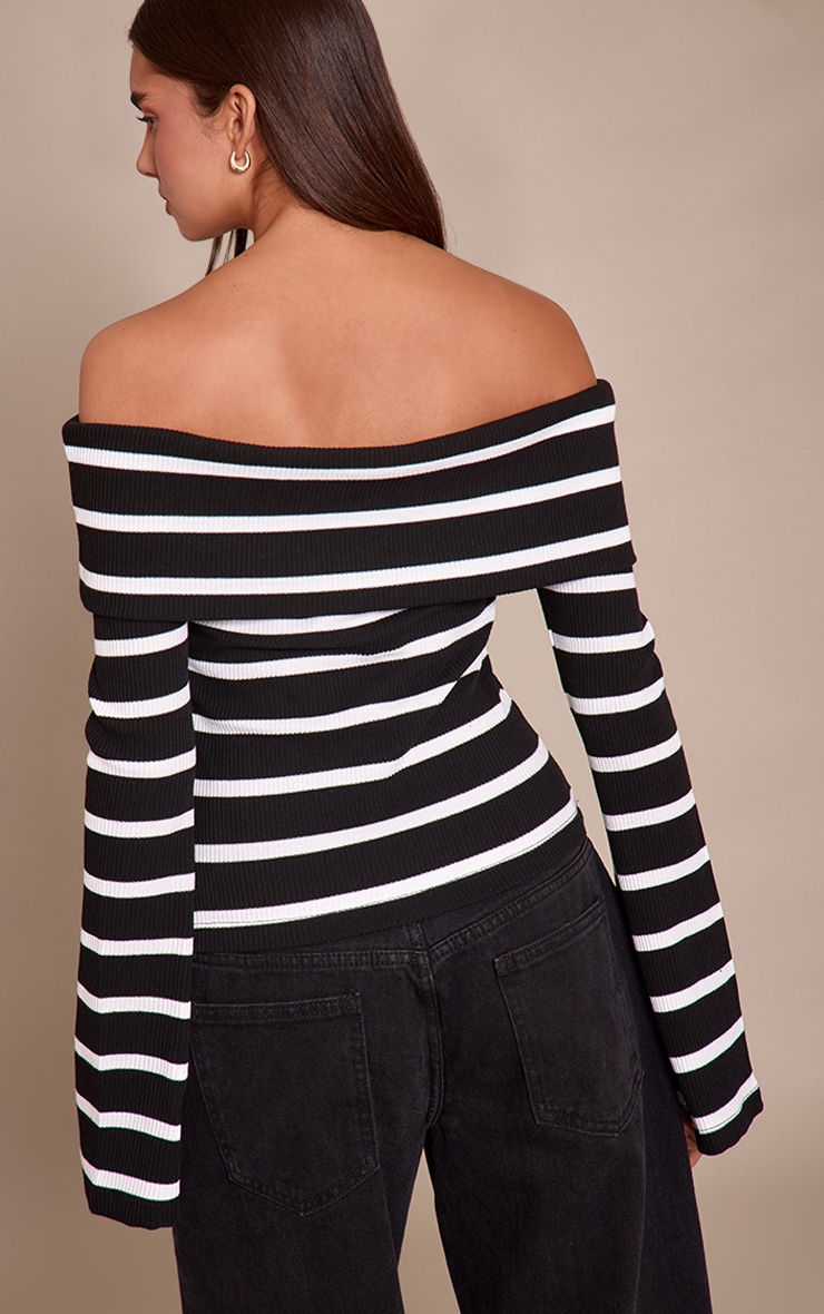Monochrome Stripe Rib Bardot Slouchy Long Sleeve Top image 2