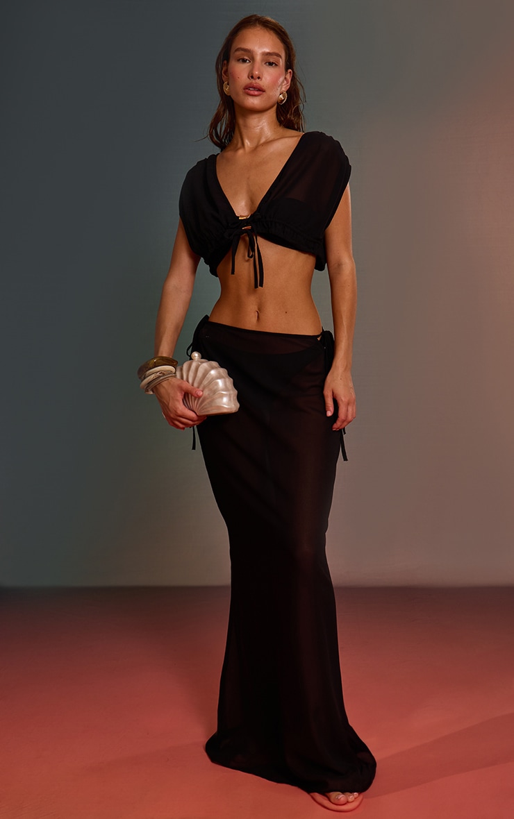 Black Chiffon Tie Waist Maxi Beach Skirt image 3