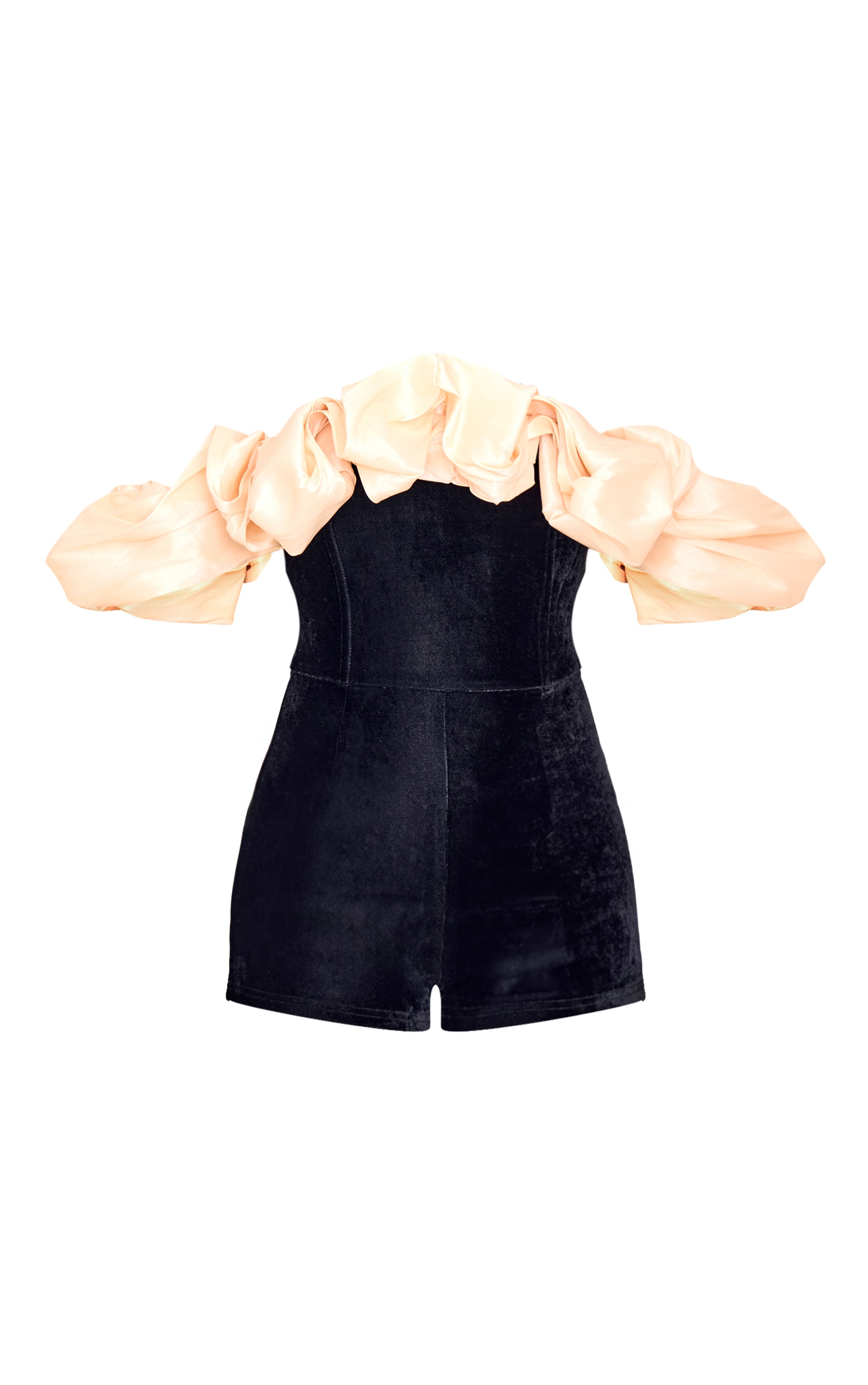 Black Contrast Bardot Puff Sleeve Velvet Playsuit image 5