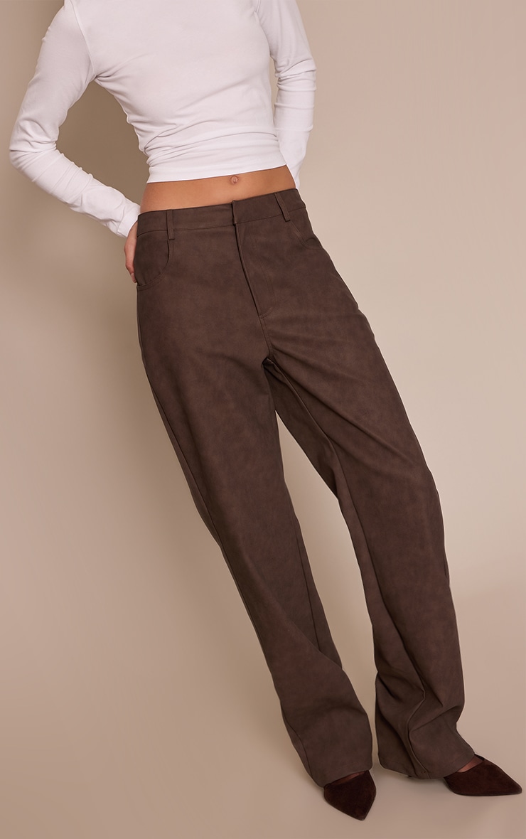 Brown Textured Faux Leather Straight Leg Pants image 4