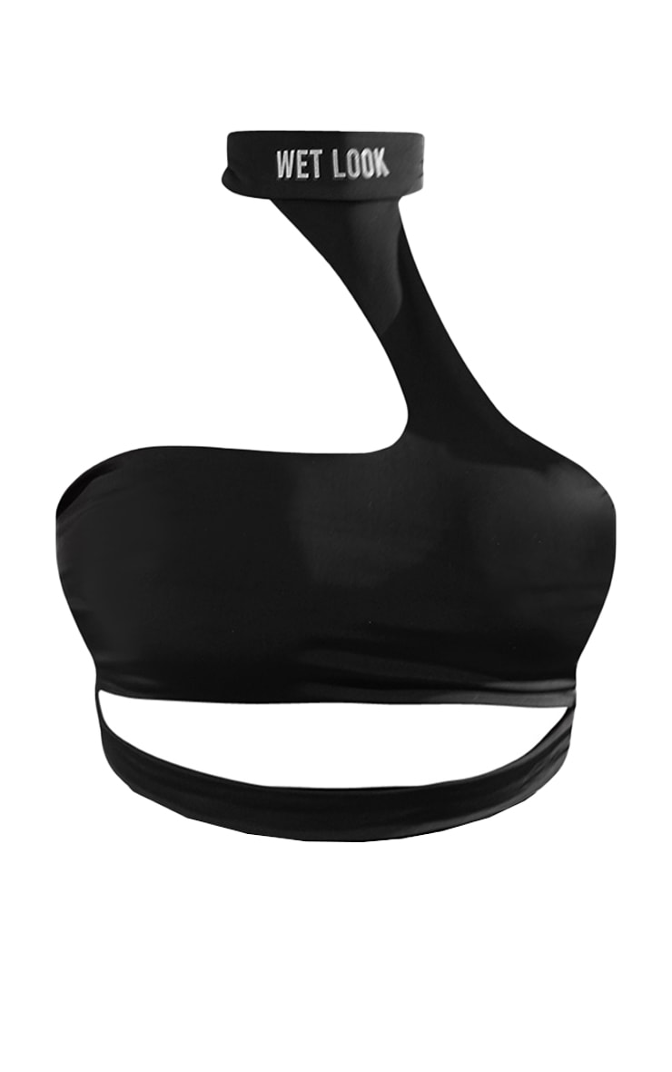 Plus Black High Neck Wet Look Slogan Bikini Top