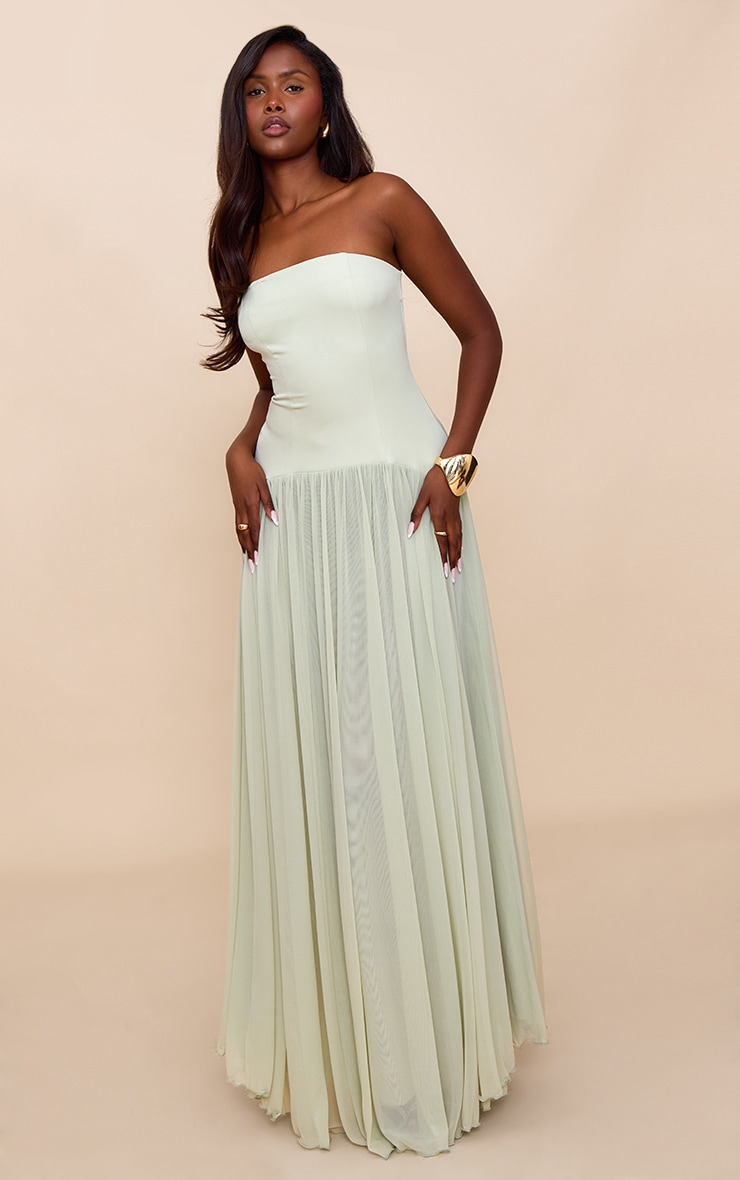 Sage Bandeau Chiffon Pleated Maxi Dress | Dresses