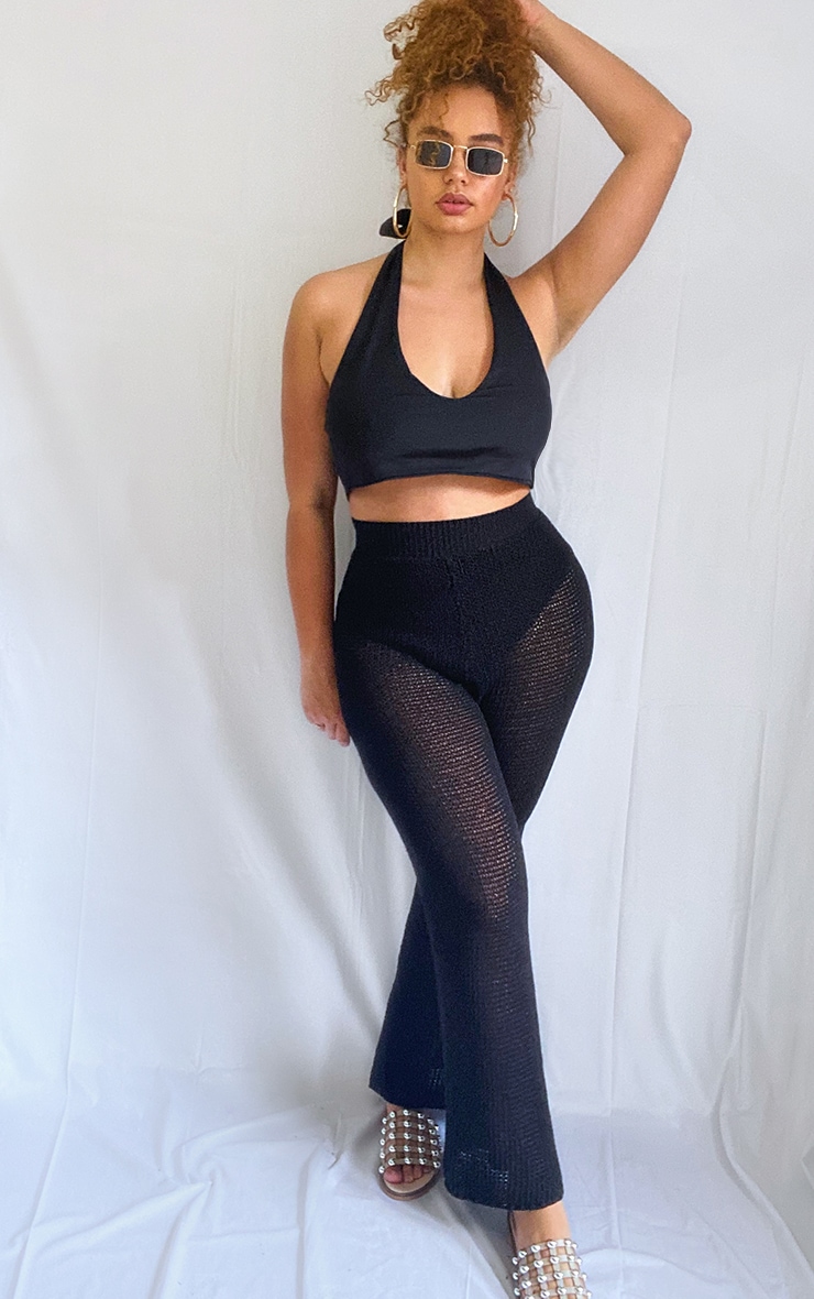 PLT Plus - Pantalon évasé en maille tricot noire à taille haute