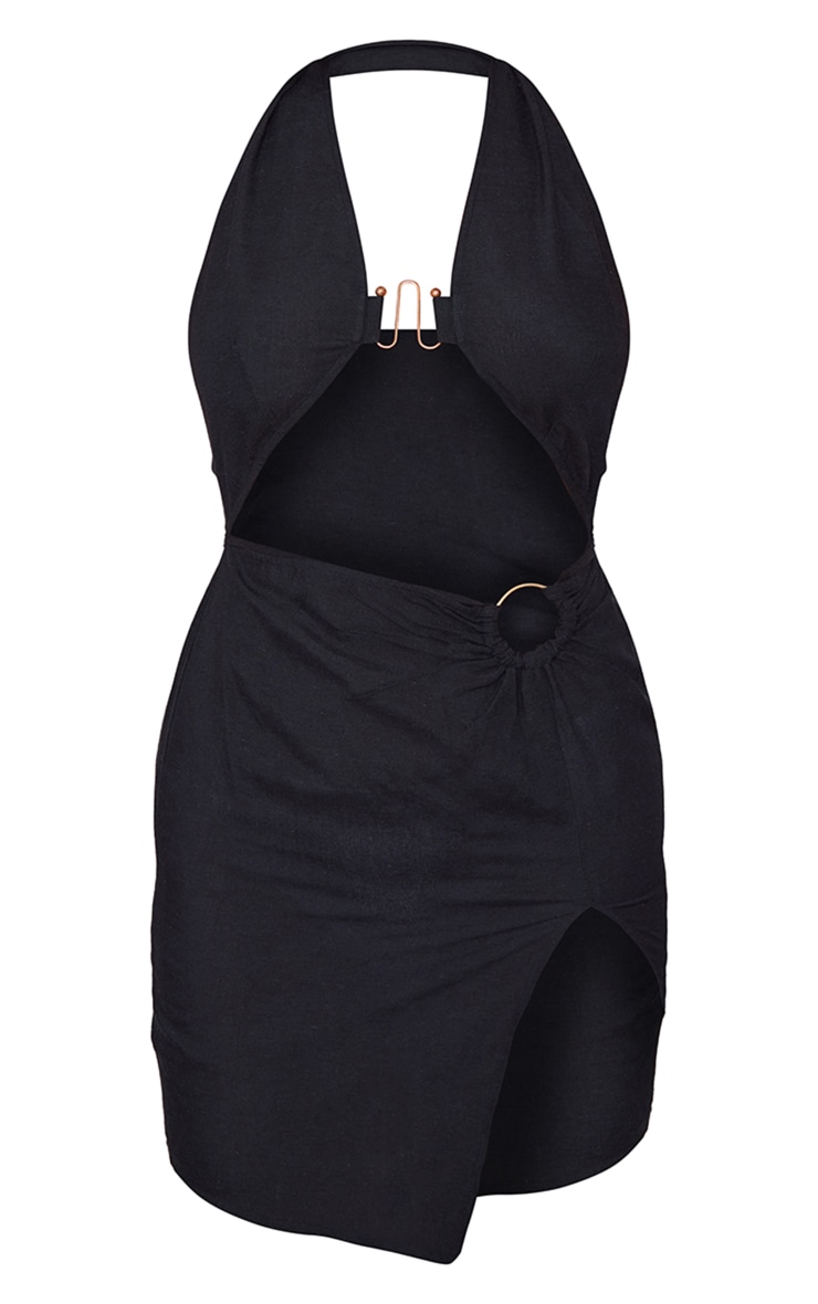 Black Linen Look Trim Detail Halterneck Cut Out Bodycon Dress