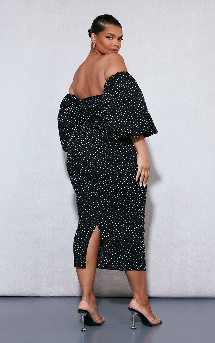 Plus Robe bustier mi-longue noire à pois et manches bouffantes image 2