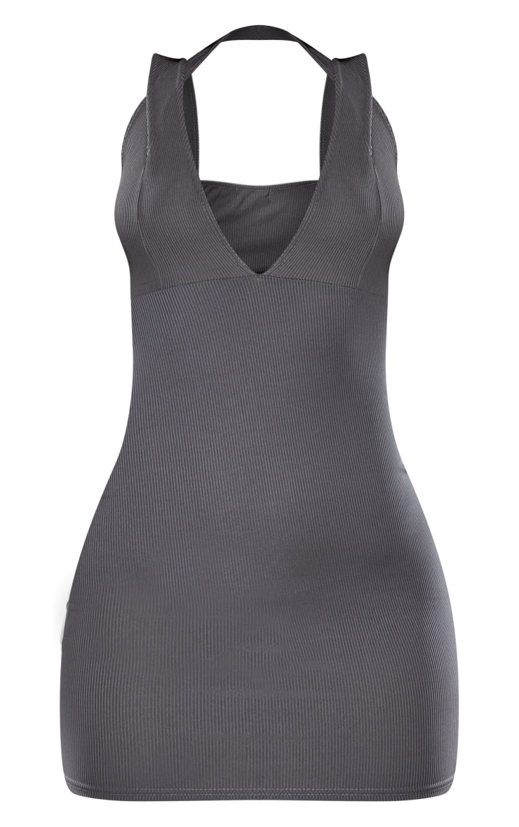 Charcoal Ribbed Plunge Strap Detail Bodycon Dress PrettyLittleThing