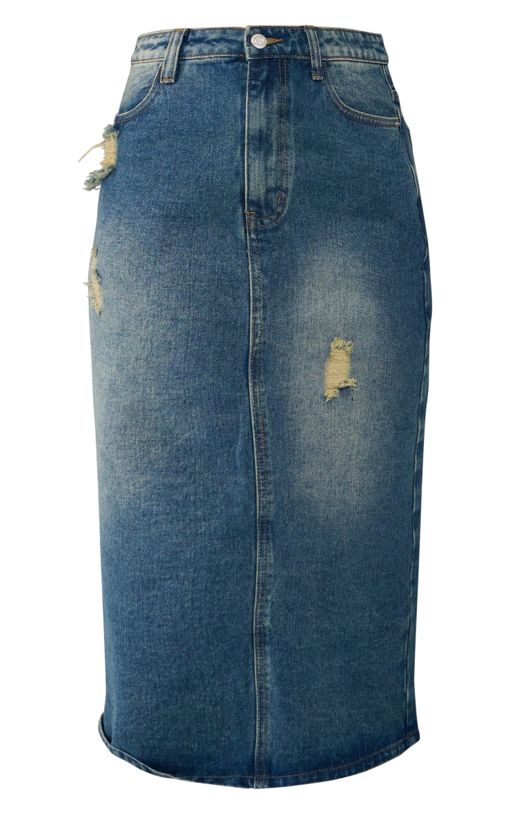 Indigo Vintage Wash Distressed Denim Midi Skirt PrettyLittleThing