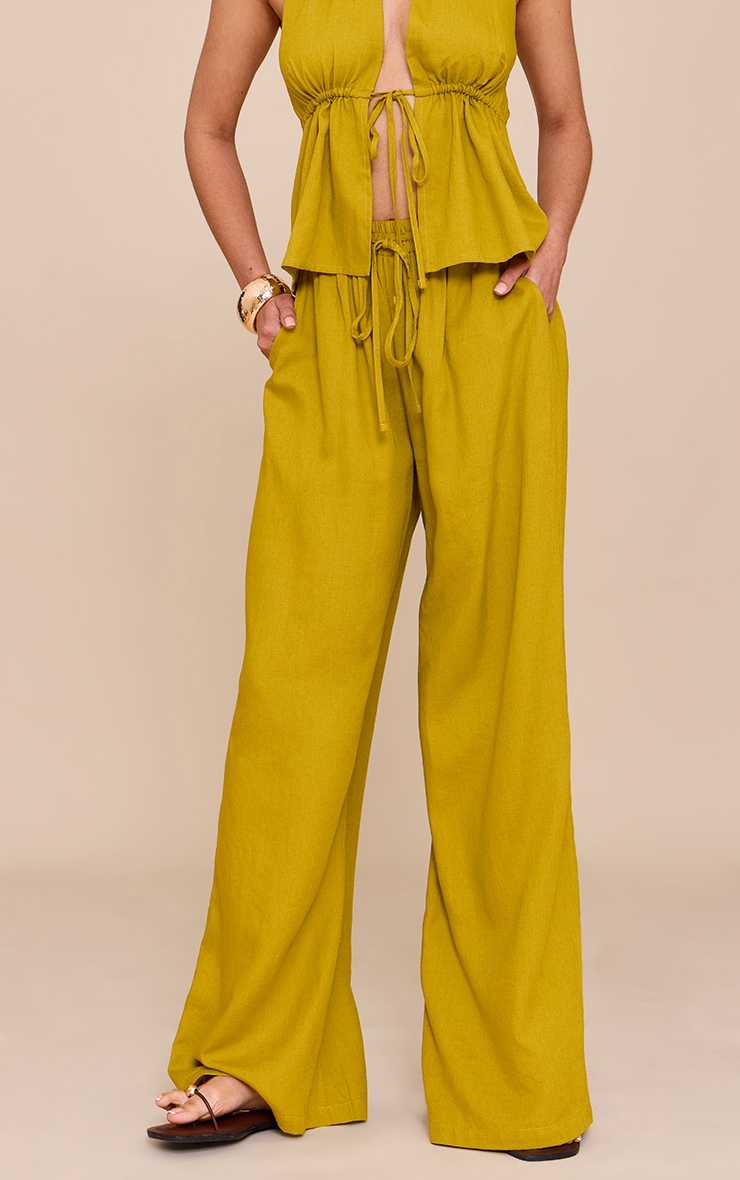 Deep Mustard Linen Look Drawstring Wide Leg Pants image 2