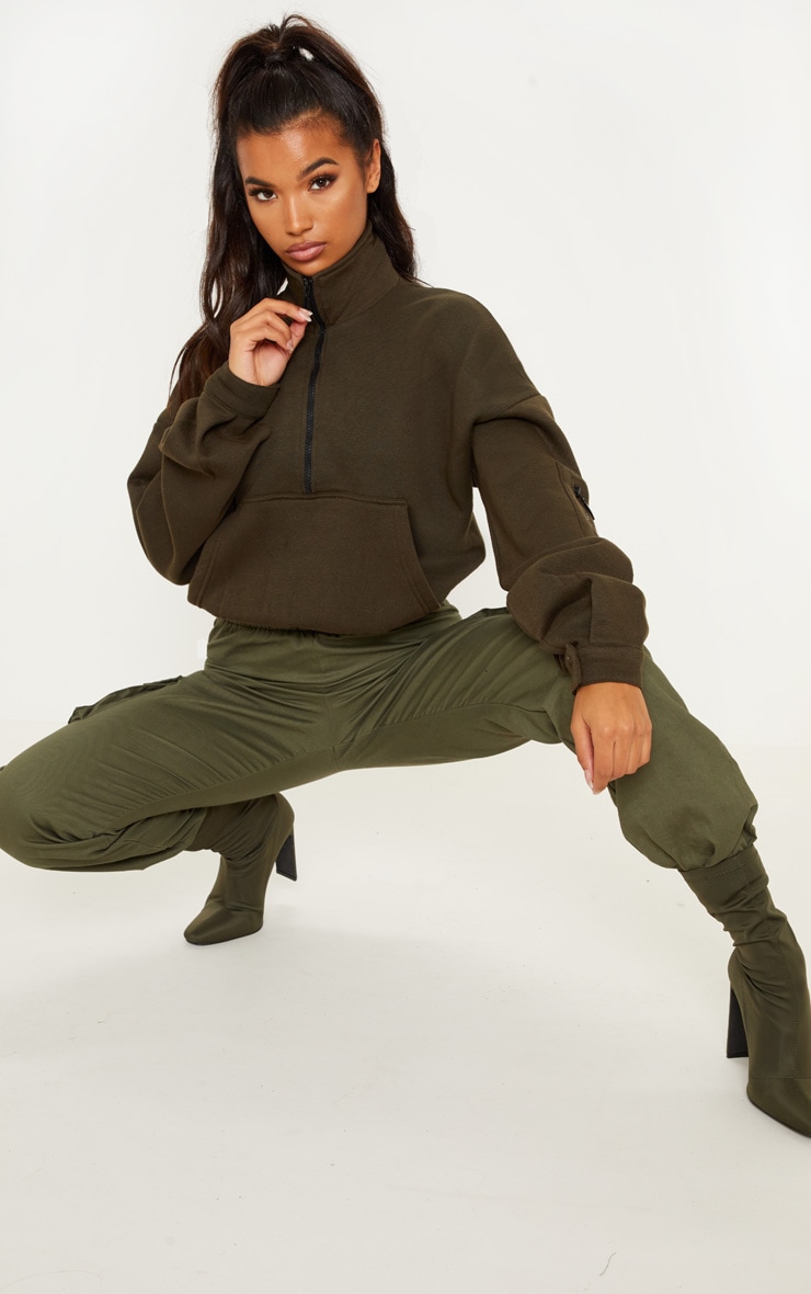 Sweat oversized kaki à zip frontal