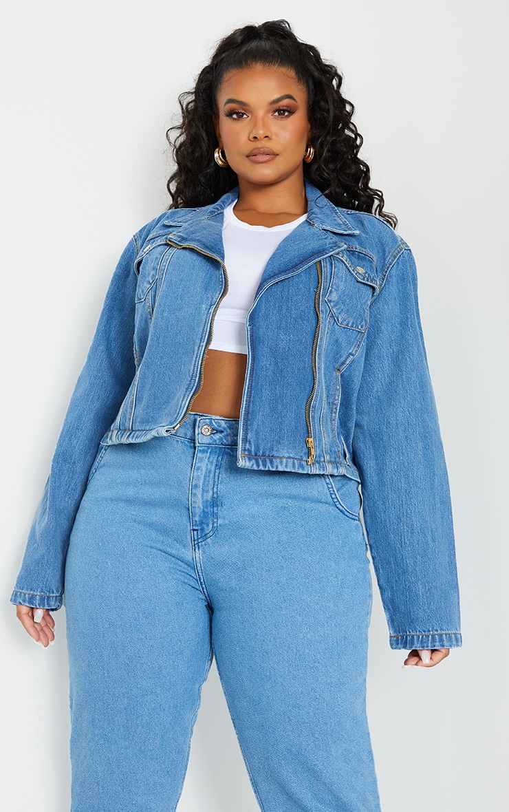 Plus Mid Blue Wash Denim Zip Biker Jacket