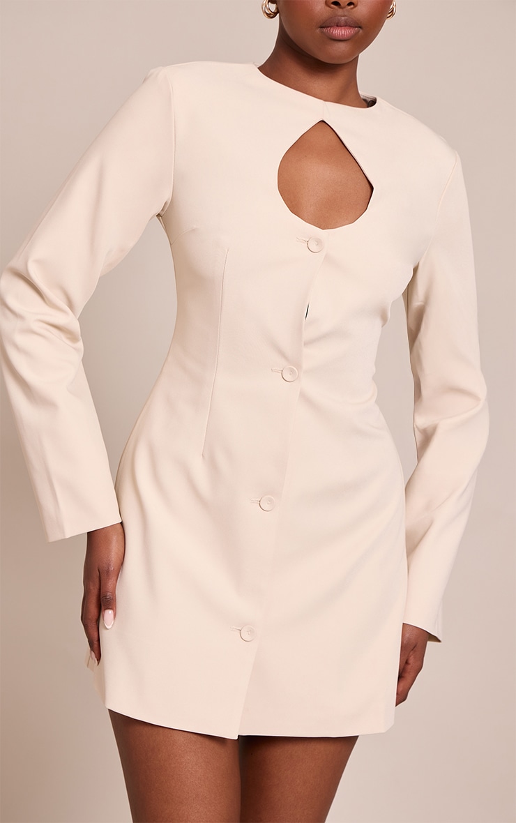 Cream Woven Long Sleeve Mini Dress image 4