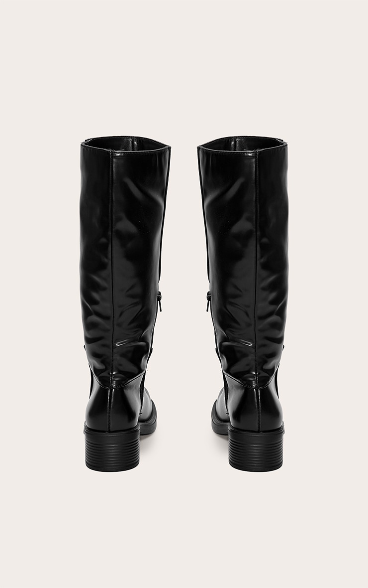 Black Burnish PU Square Toe Knee High Boots image 4