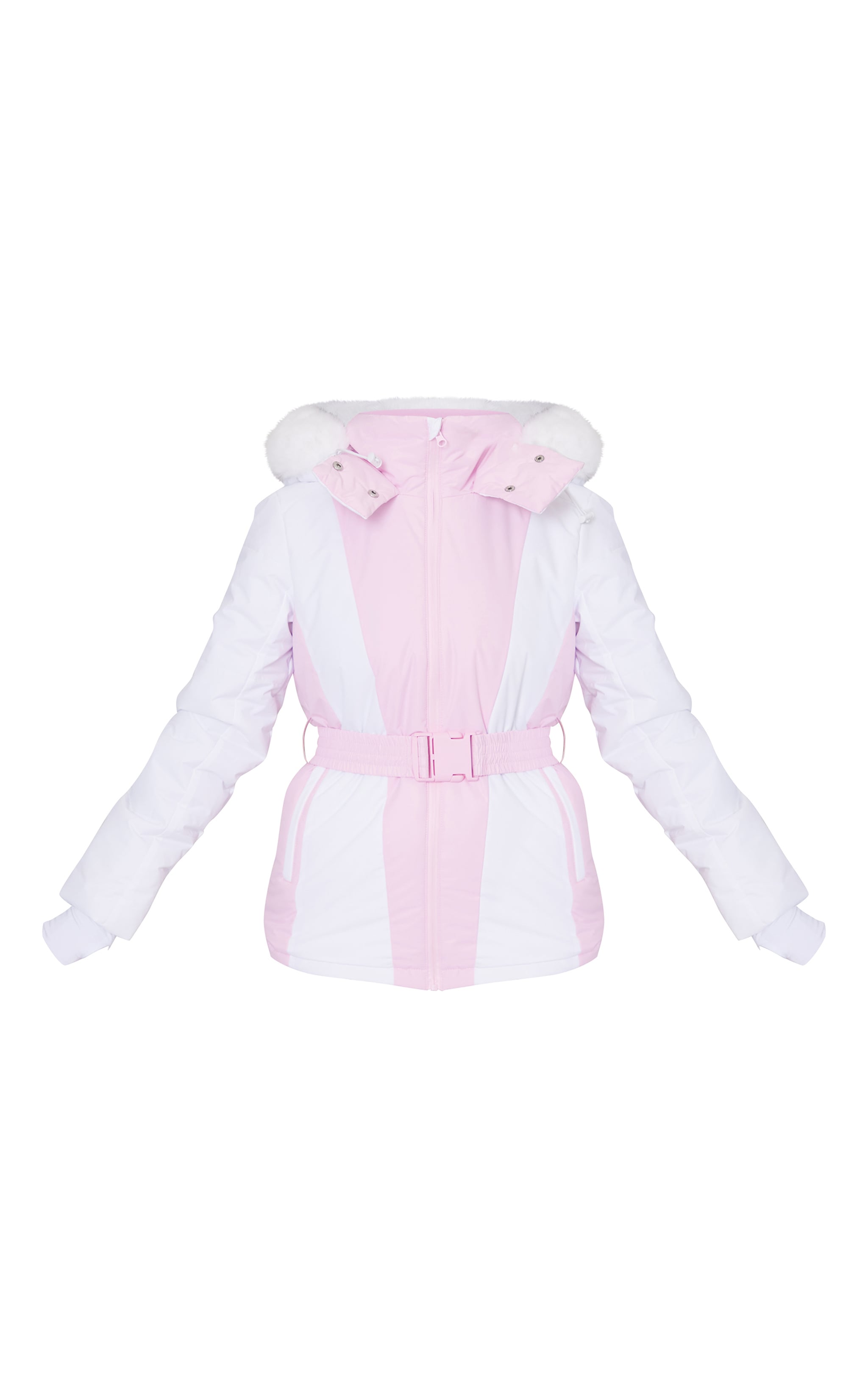 PRETTYLITTLETHING SKI Plus Pink Faux Fur Hooded Belted Jacket image 5