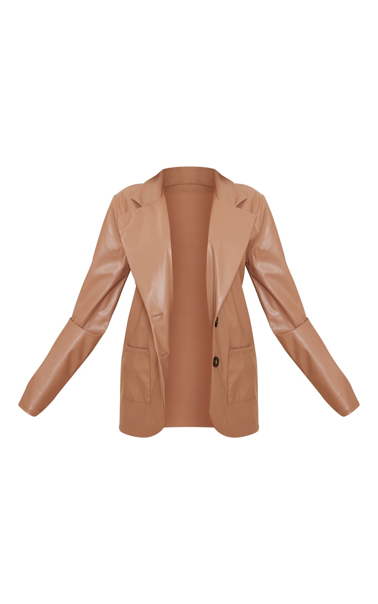 Taupe Basic Pocket Detail Curved Hem Faux Leather Blazer image 5