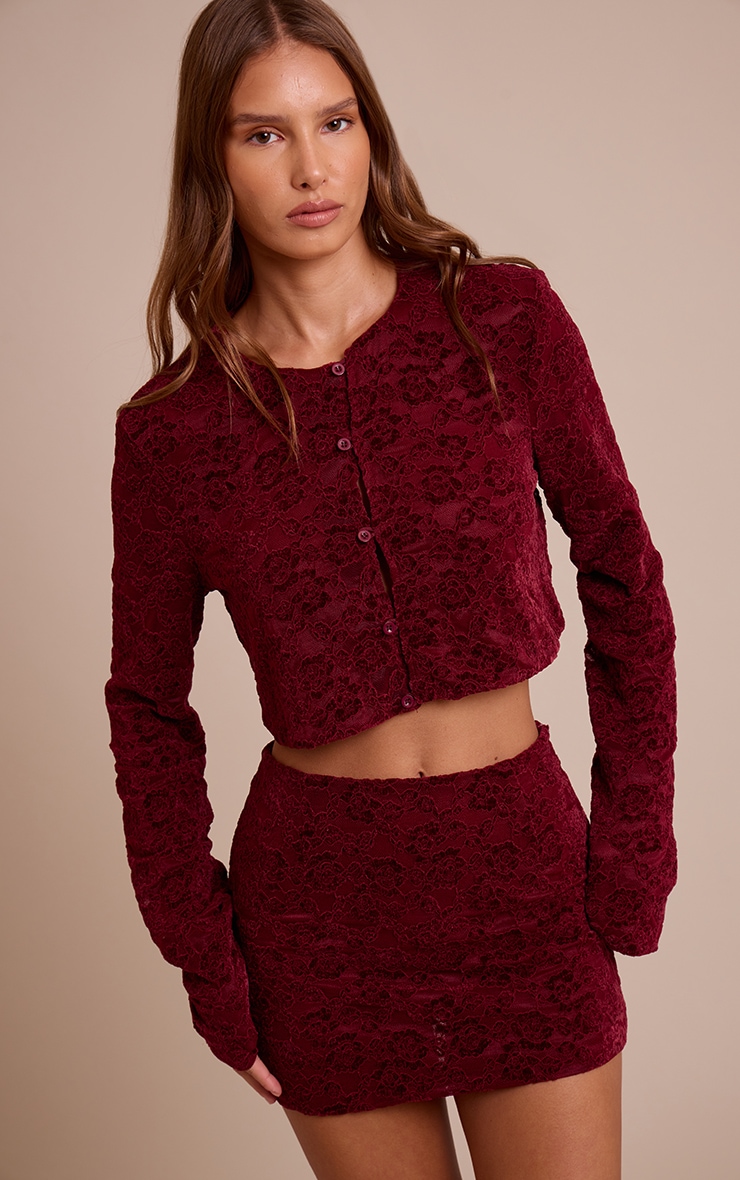 Dark Wine Lace Button Up Long Sleeve Crop Top  image 1