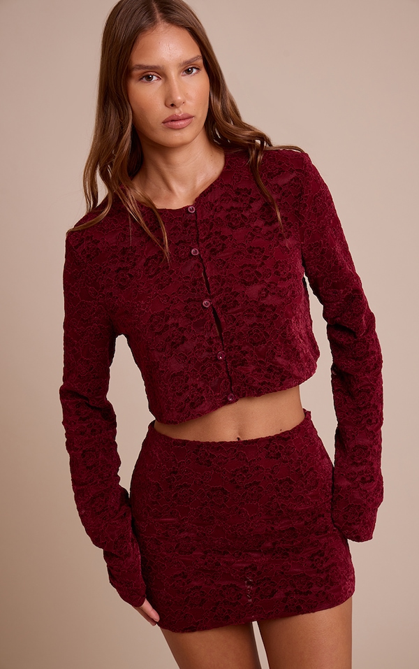 Dark Wine Lace Button Up Long Sleeve Crop Top 