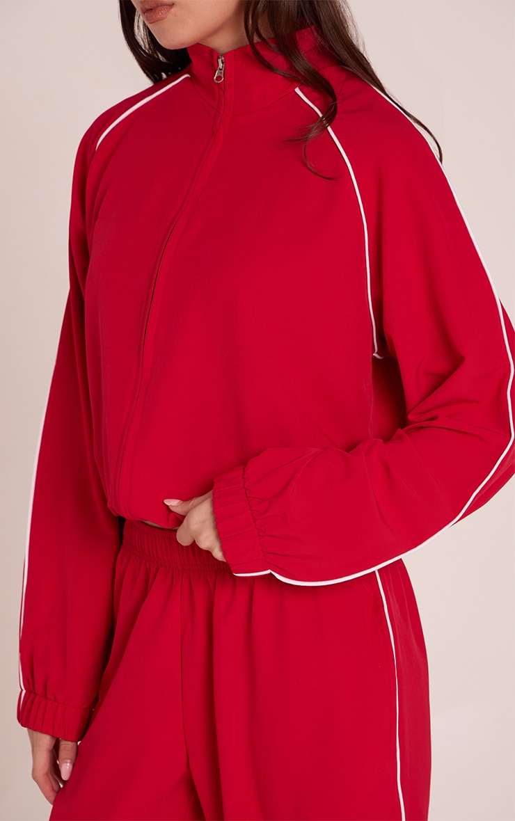 Red Contrast Piping Funnel Neck Zip Up Jacket image 4