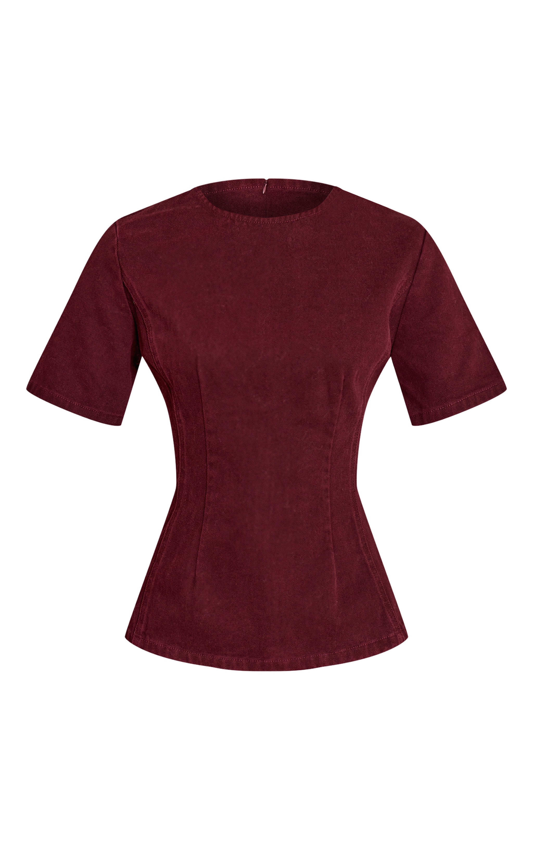 Dark Burgundy Cinched Waist Peplum Denim Top image 5