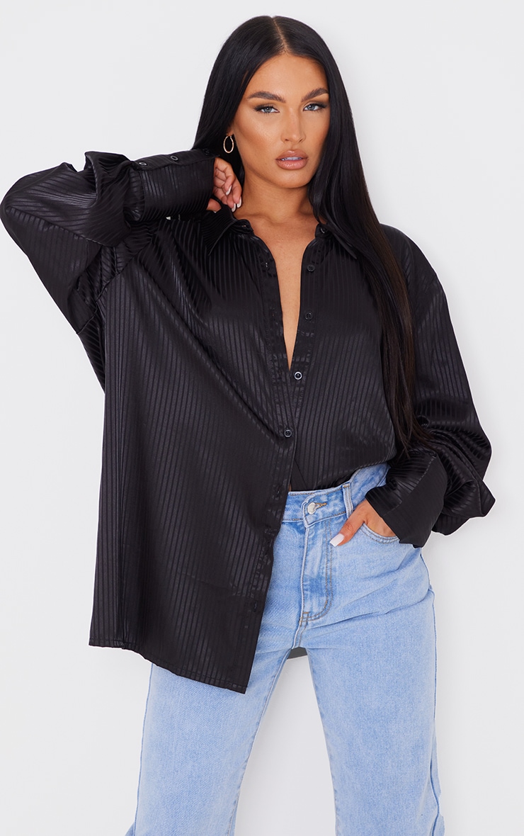 Black Satin Pinstripe Oversized Cuff Shirt image 1
