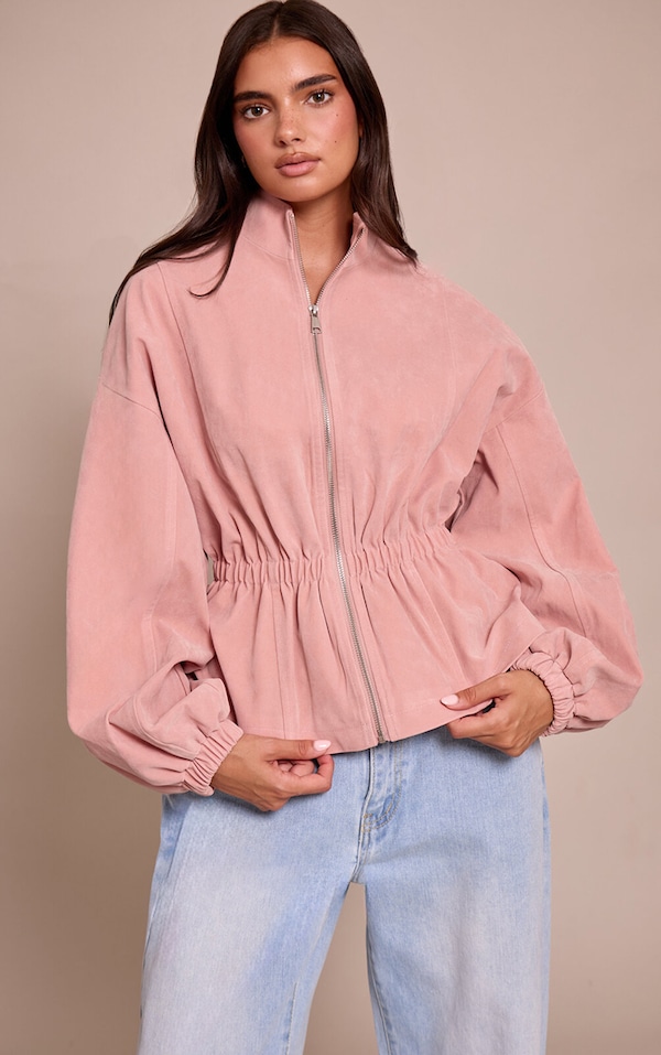 Pink Cinched Waist Suede Jacket