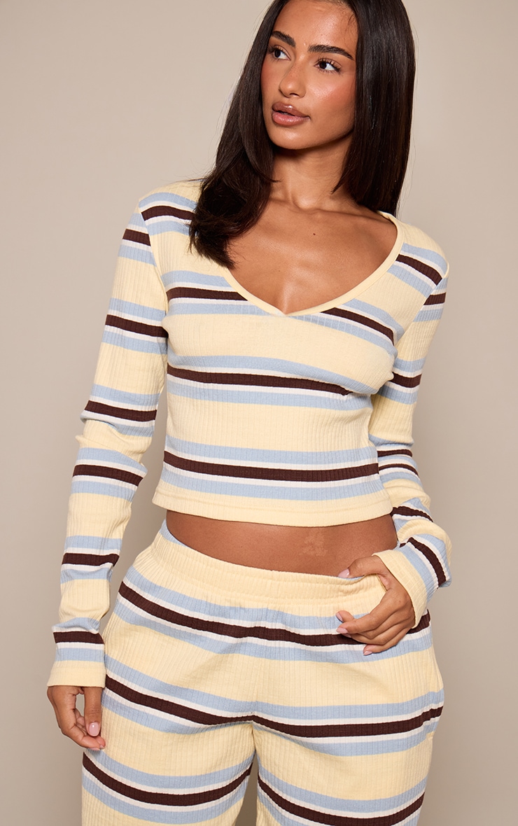 Petite Cream Stripe Ribbed Long Sleeve Top image 4