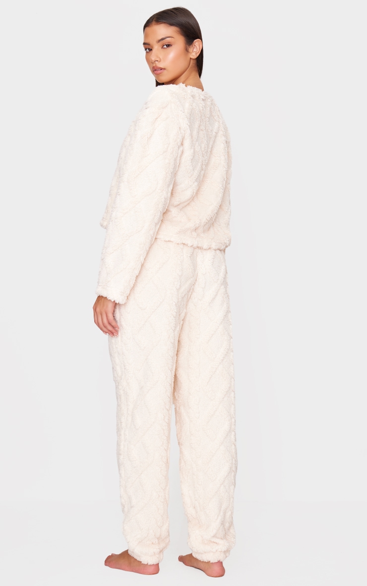 Cream Cable Fleece Long Pj Set image 2