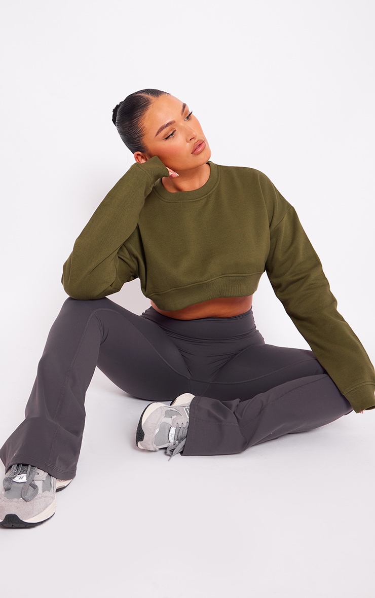 Khaki Curve Hem Cropped Sweatshirt image 1