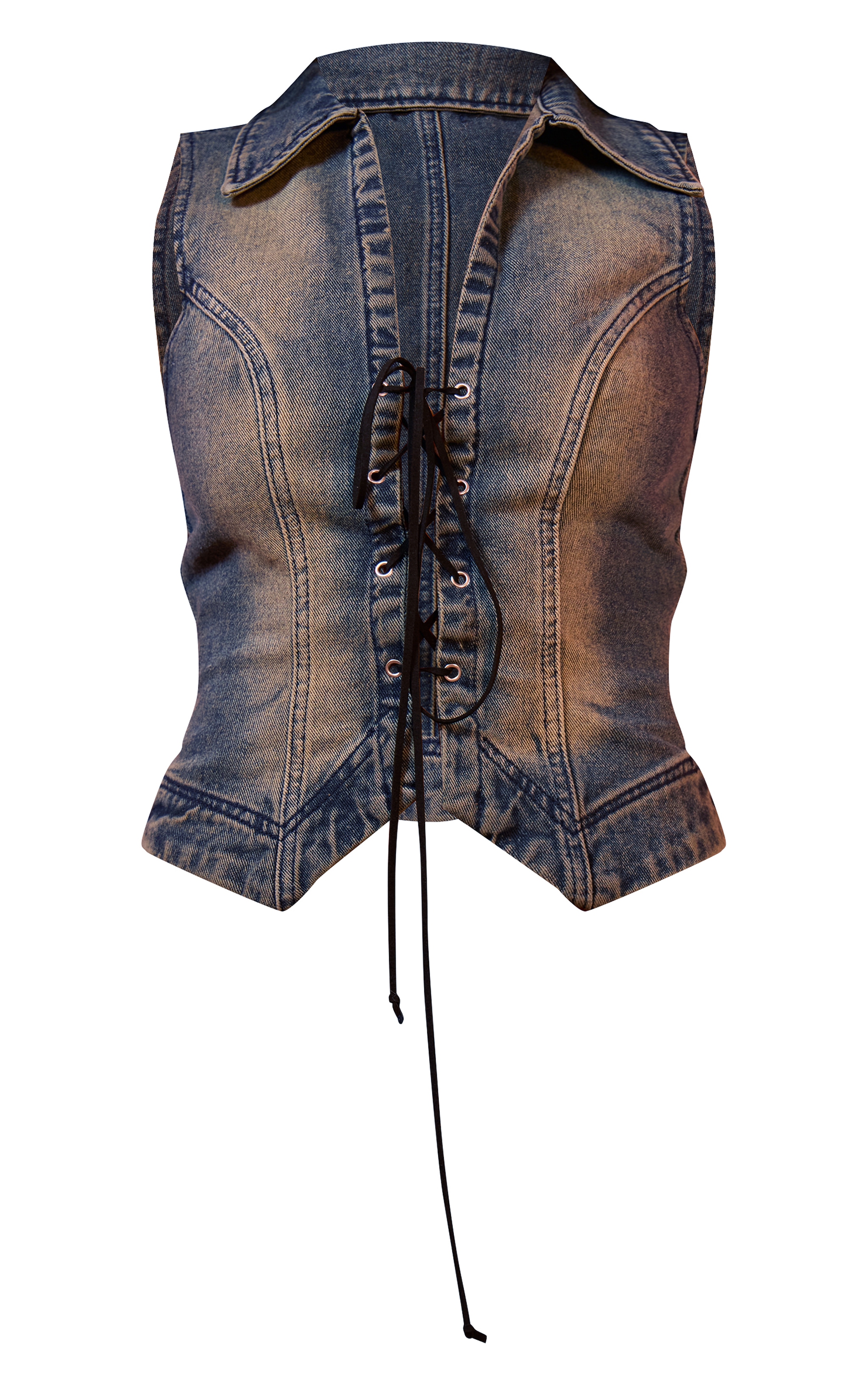 Blue Vintage Wash Front Lace Seam Detail Denim Waistcoat image 5
