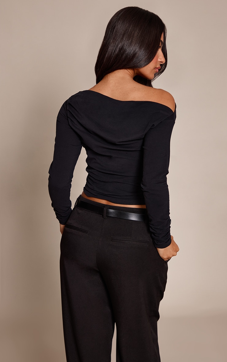 Petite Black Soft Cotton Ruched Asymmetric Long Sleeve Top