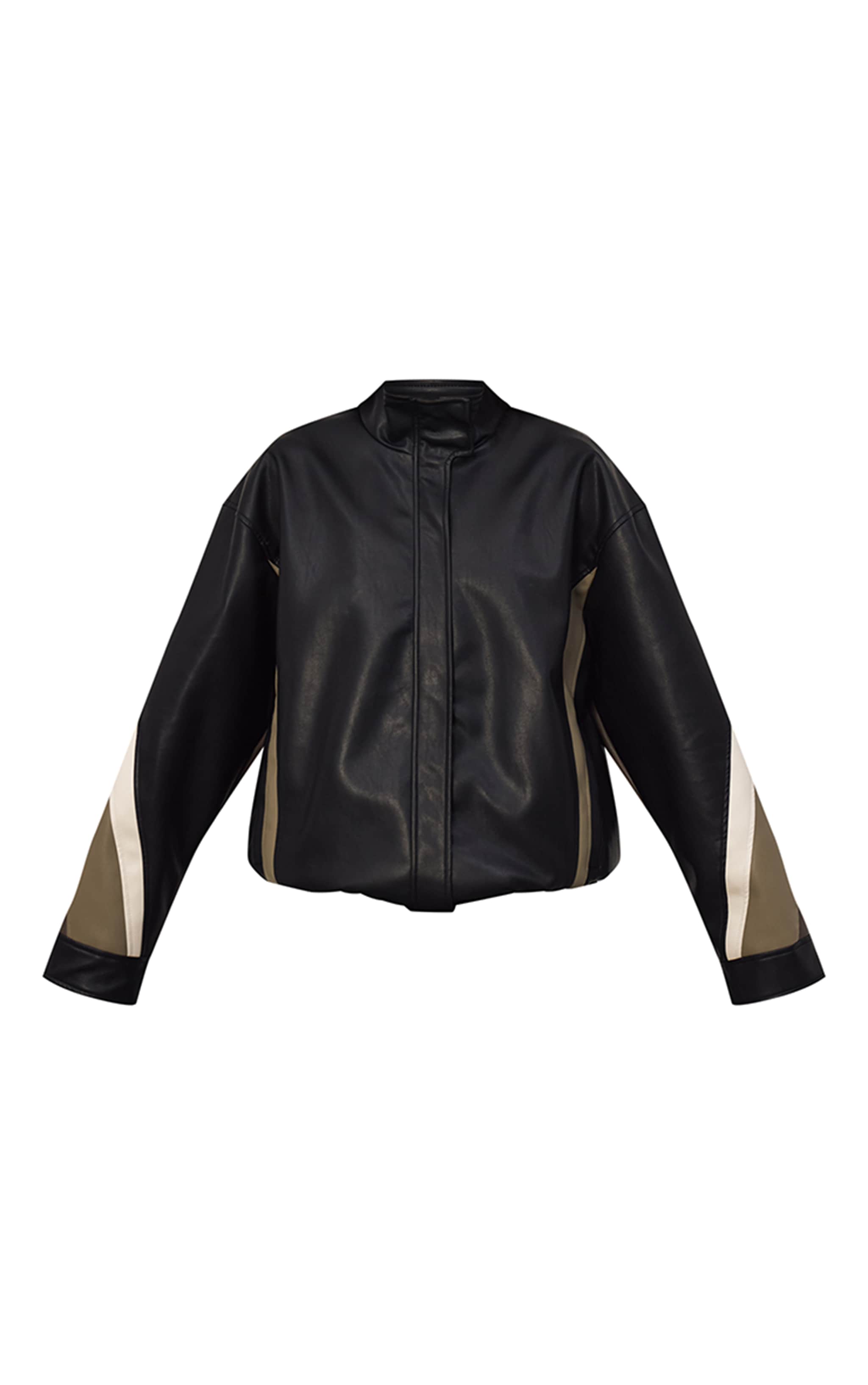 Black Contrast Panel Funnel Neck Faux Leather Biker Jacket image 5