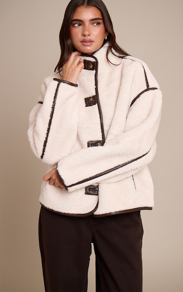 Cream Borg Faux Leather Contrast Coat