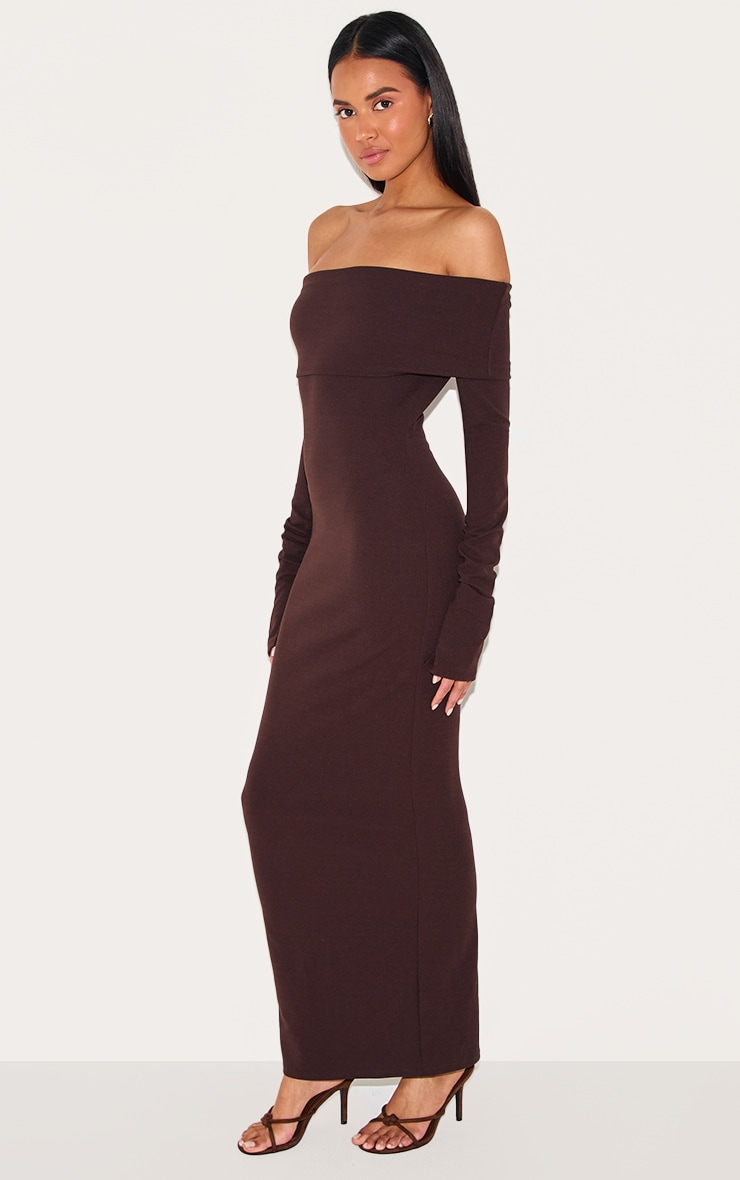 Chocolate Crepe Long Sleeve Bardot Maxi Dress image 3