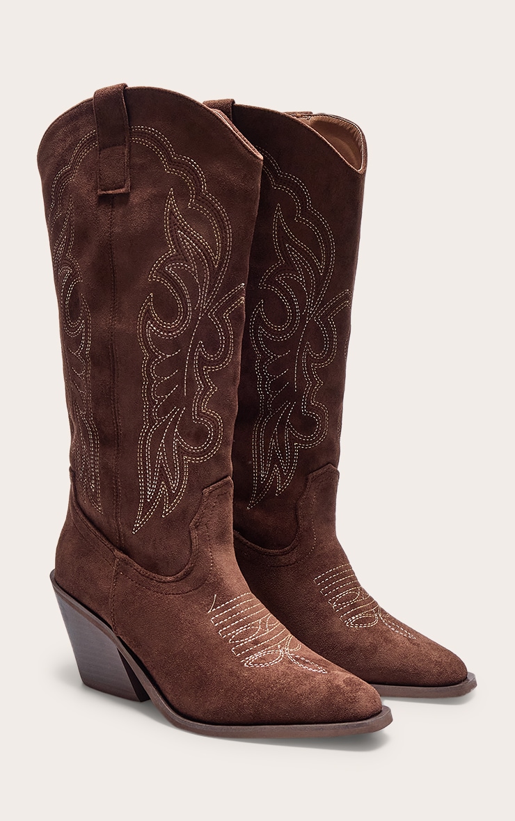Chocolate Faux Suede Point Toe Calf High Western Boots image 2