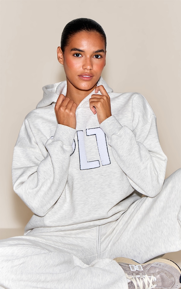 Ash Grey Plt Borg Applique Oversized Hoodie