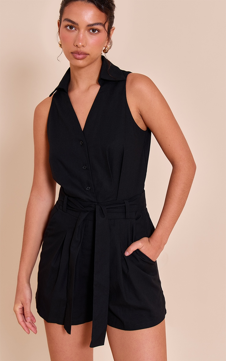 Black Woven Utility Belt Detail Sleeveless Romper image 1