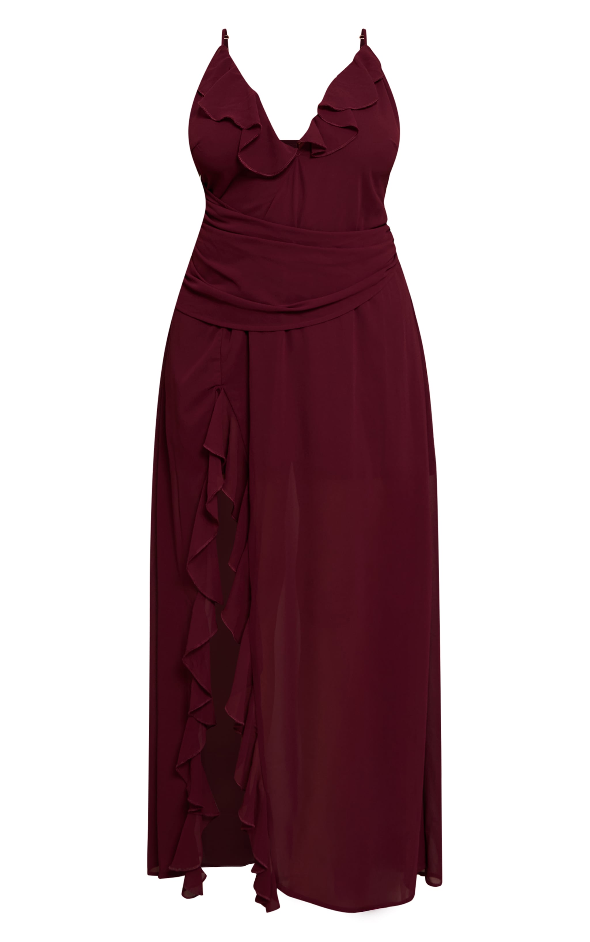 Plus Wine Chiffon Frill Plunge Strappy Maxi Dress image 5